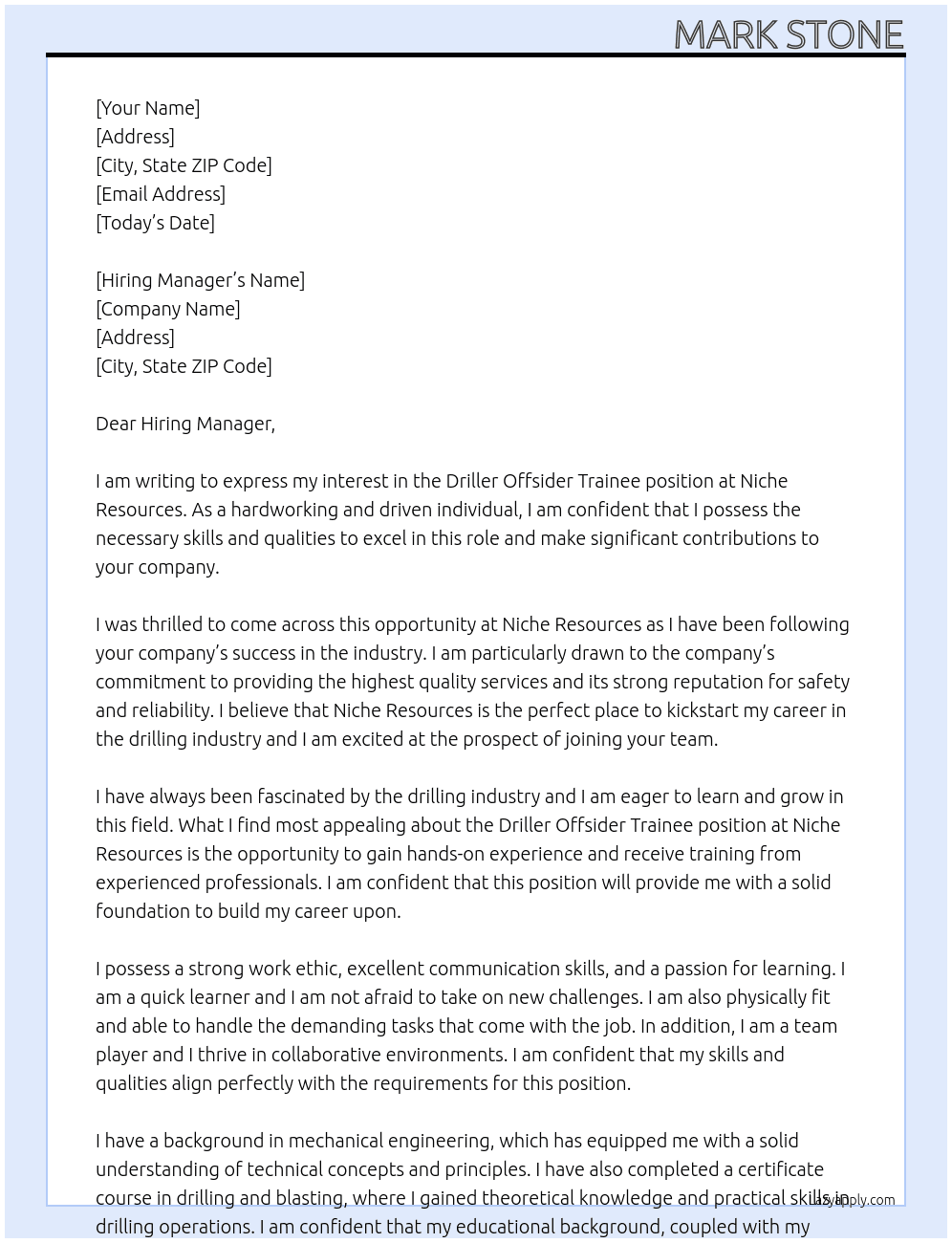 Cover letter for driller offsider trainee - LazyApply
