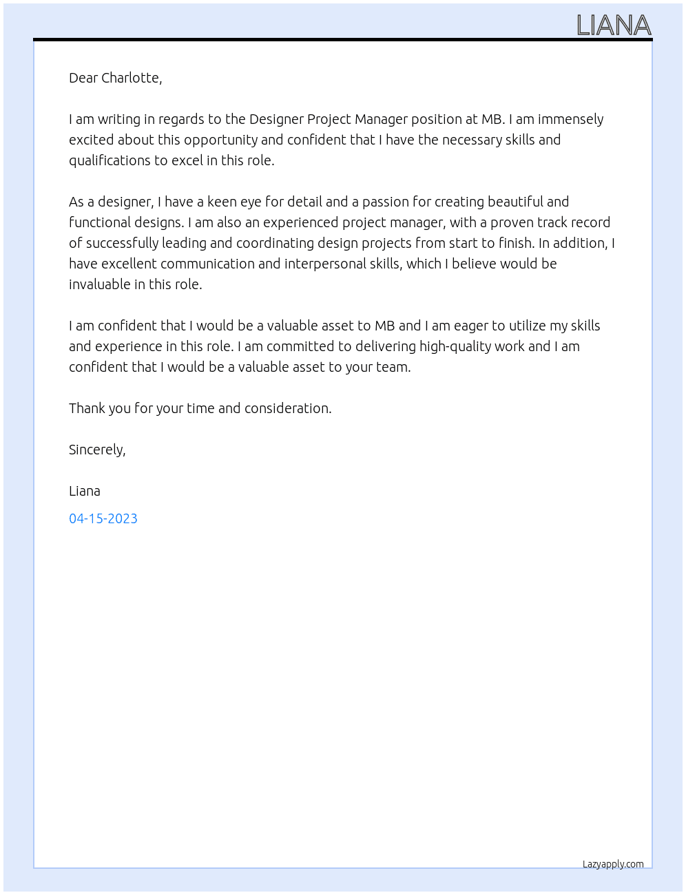 Designer Project Manager At MB Cover Letter