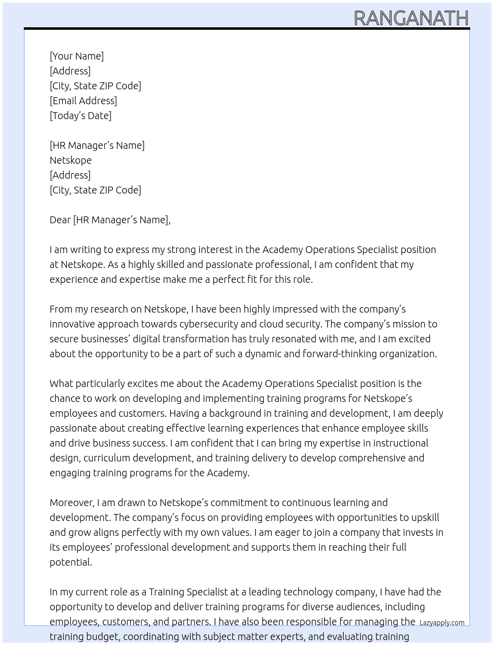 Academy Operations Specialist At Netskope Cover Letter
