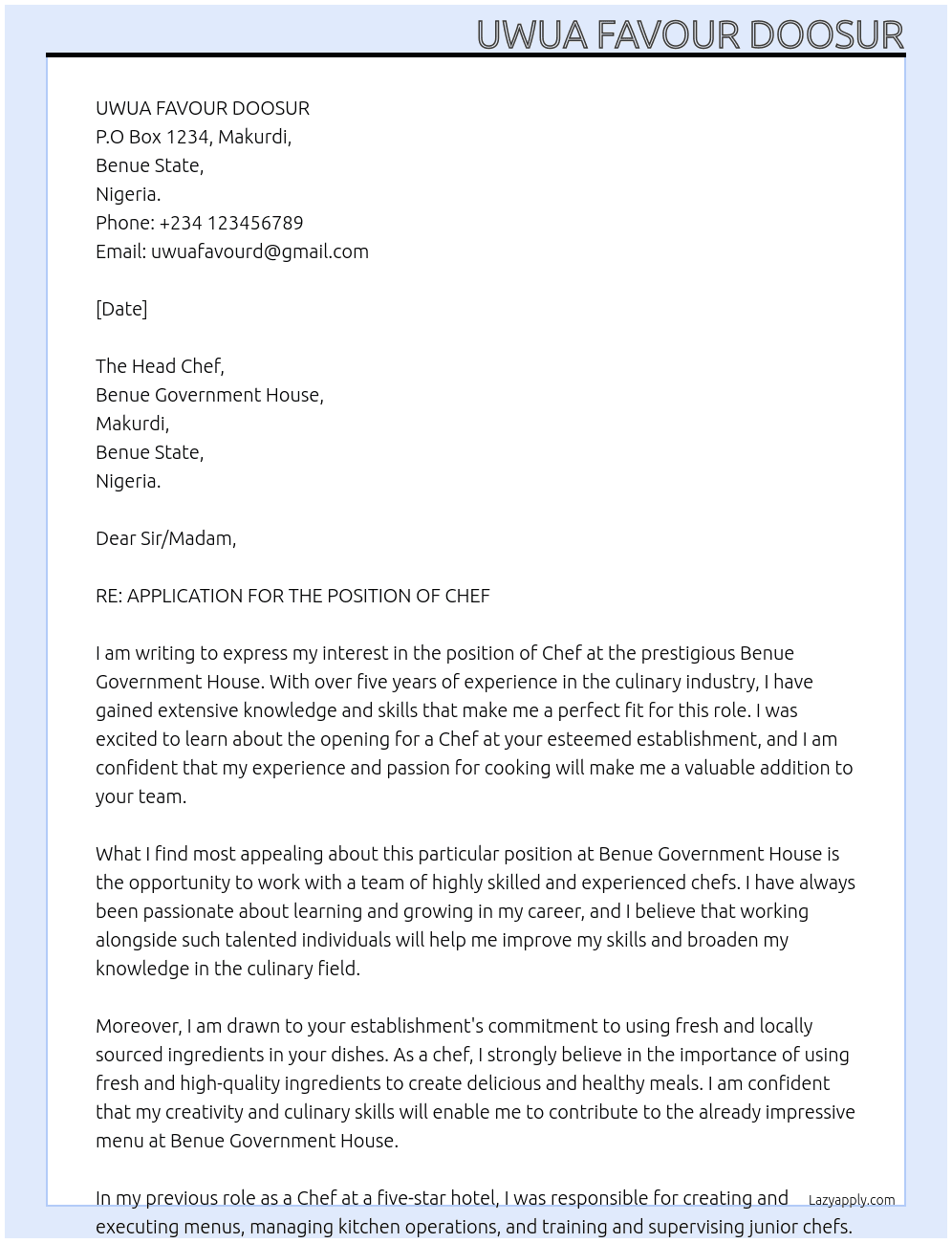 Chef  At BENUE GOVERNMENT HOUSE  Cover Letter