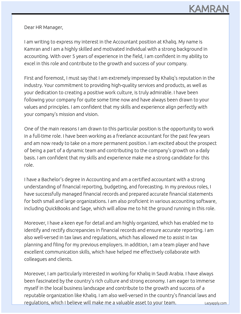 Accountant At Khaliq Cover Letter