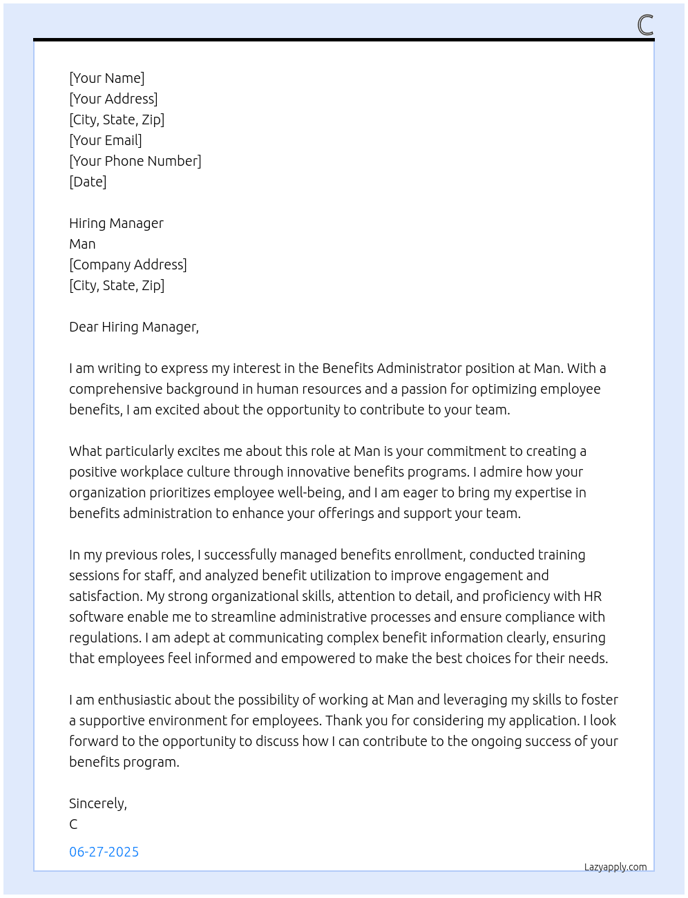 benefits admin At man Cover Letter