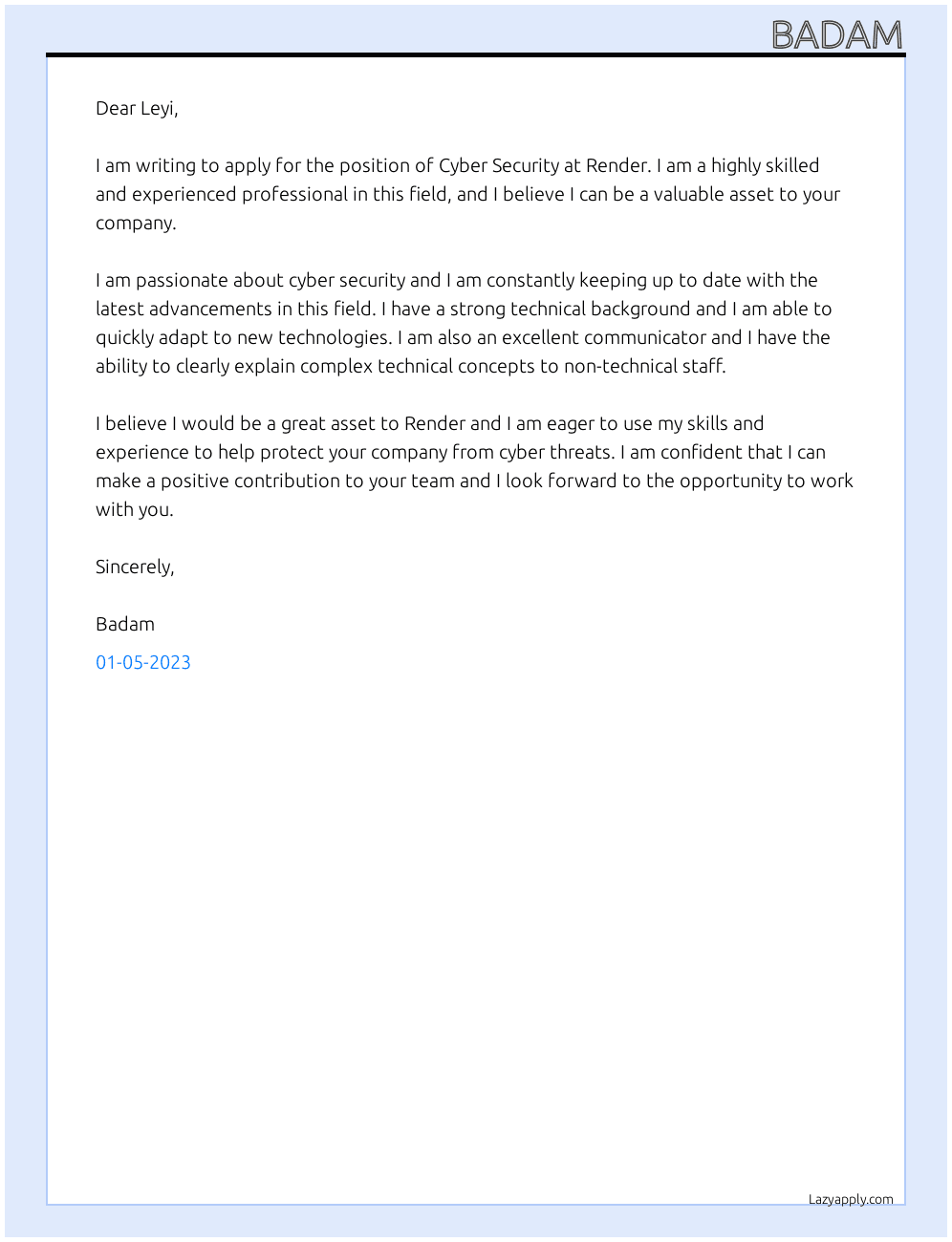 Cyber security  At Render Cover Letter