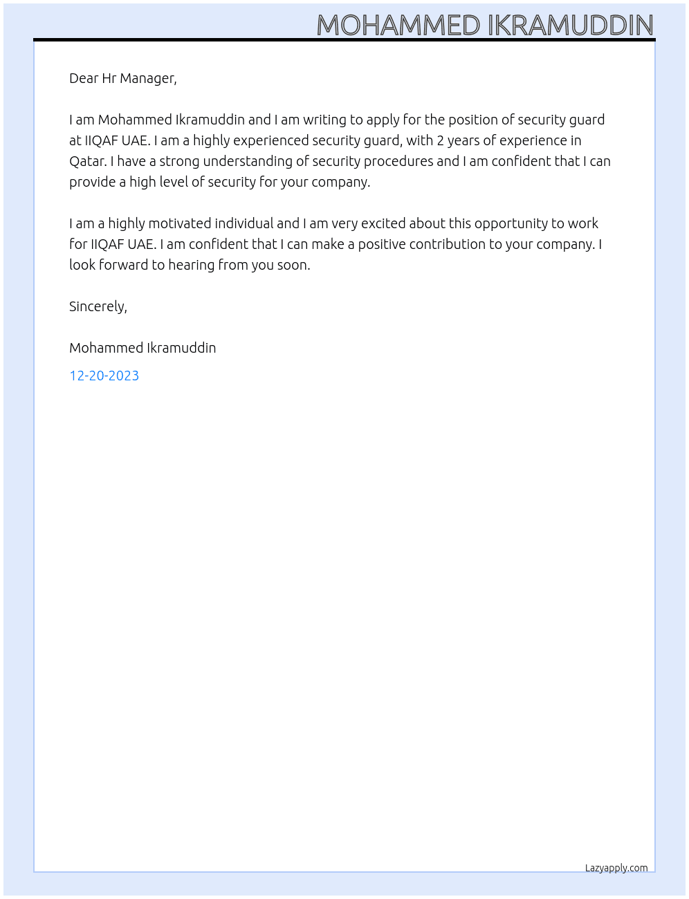 Security guard At IIQAF UAE Cover Letter