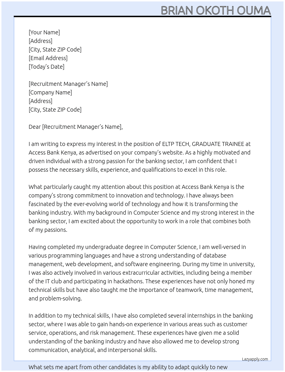 ELTP TECH,GRADUATE TRAINEE At ACCESS BANK KENYA Cover Letter