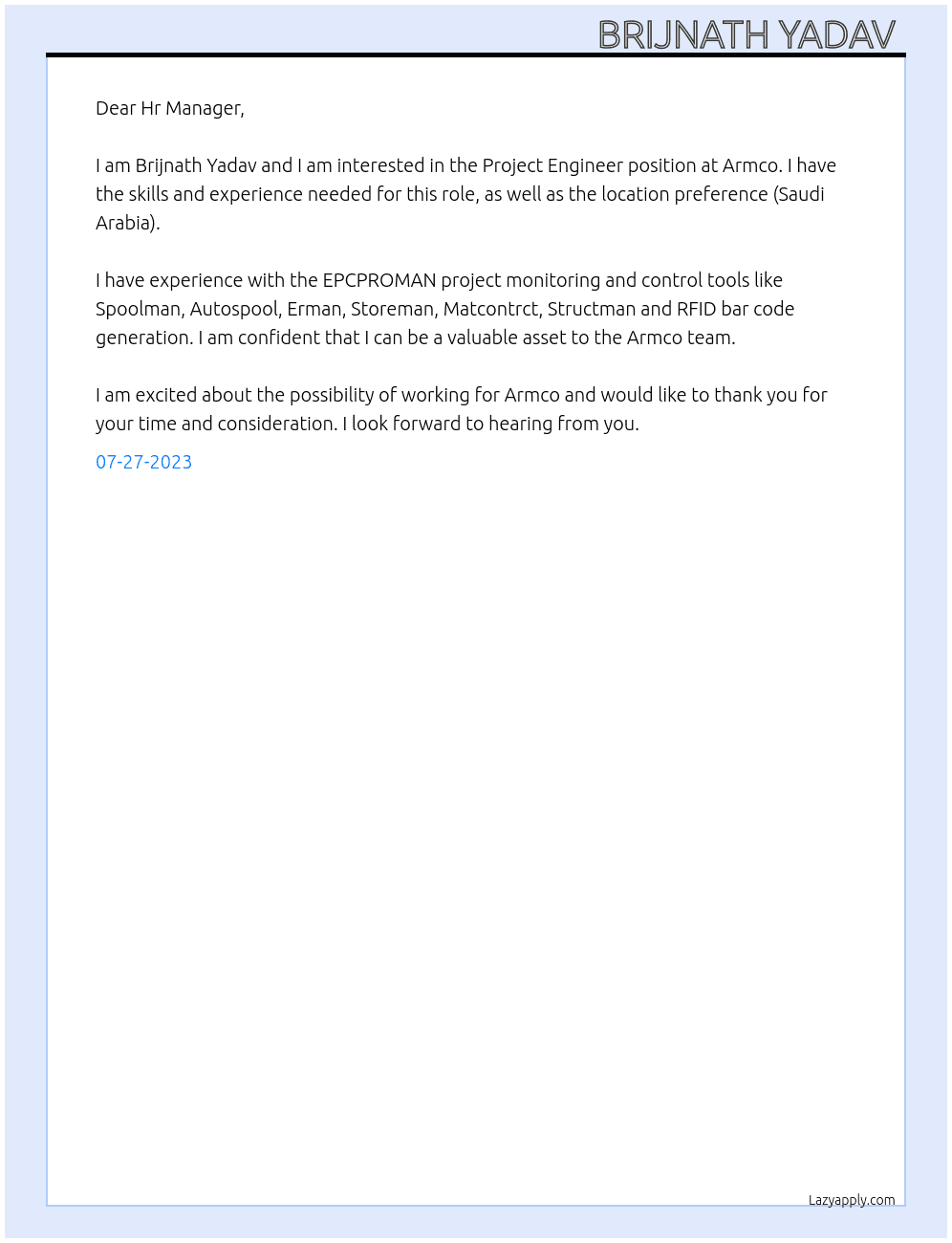 Project  Engineer  At Armco Cover Letter