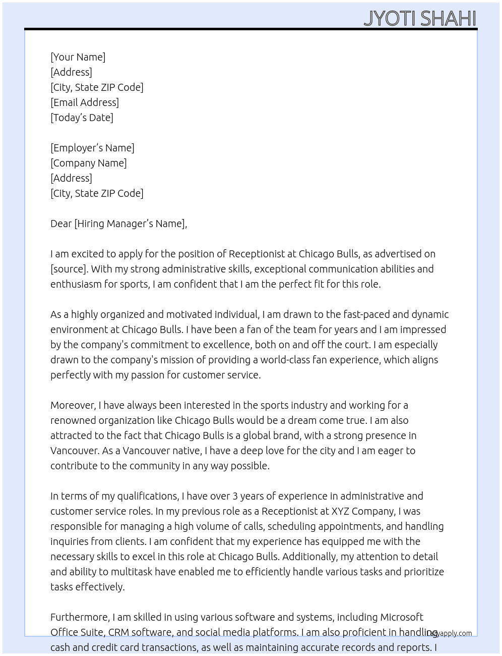Receptionist At Chicago Bulls Cover Letter