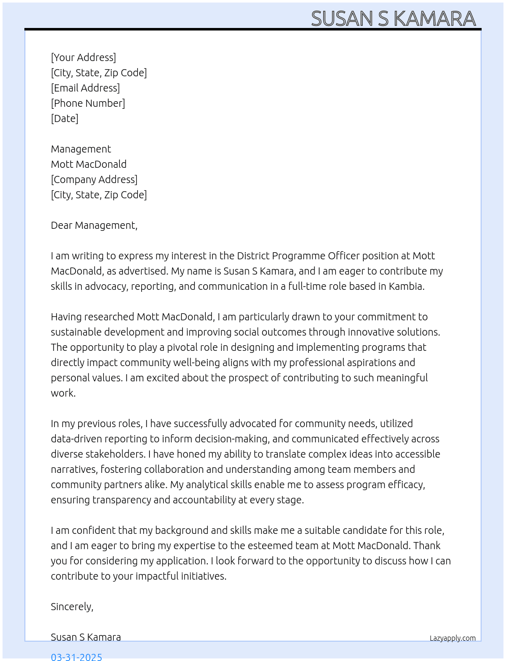 Cover letter for district programme officer - LazyApply