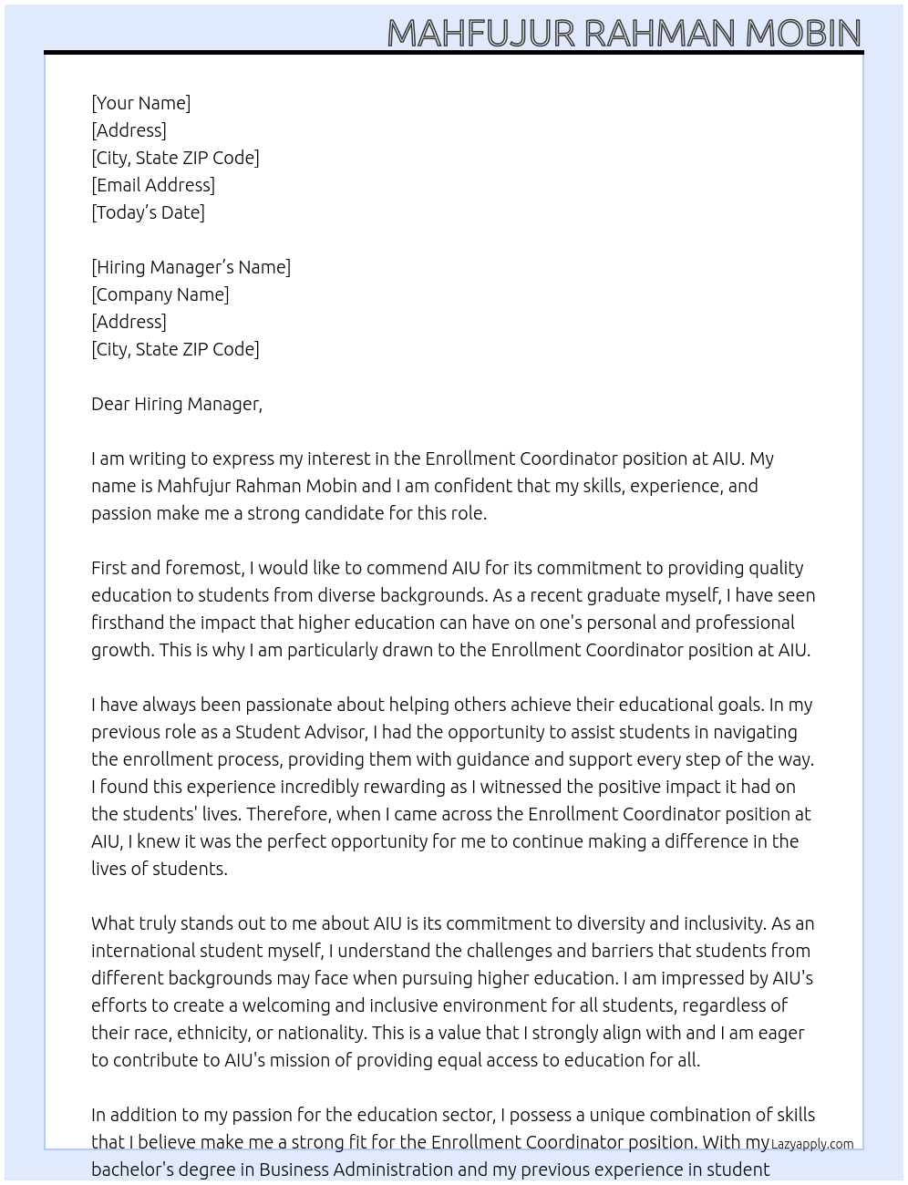 Enrollment Coordinator  At AIU  Cover Letter