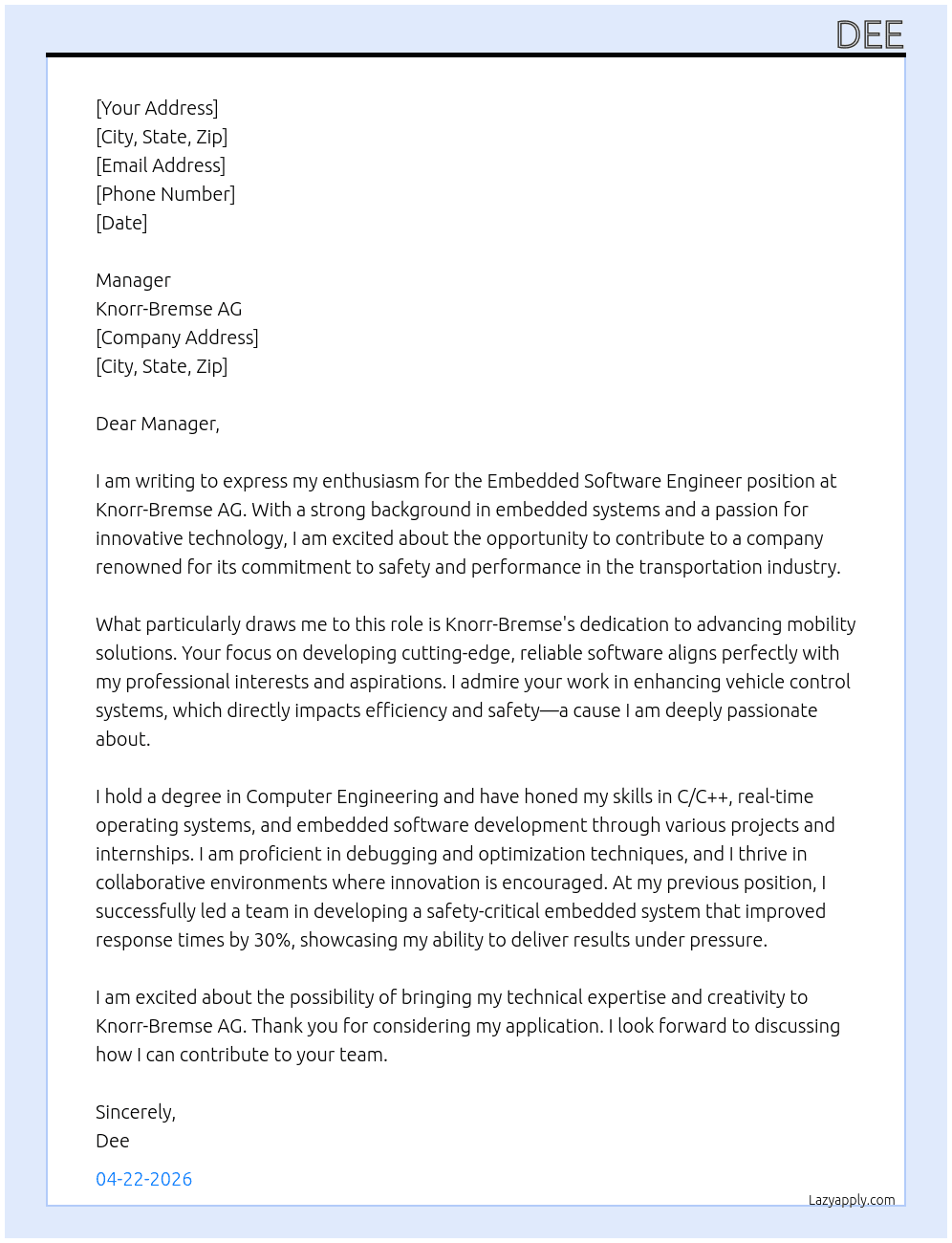 Cover letter for embedded software engineer - LazyApply