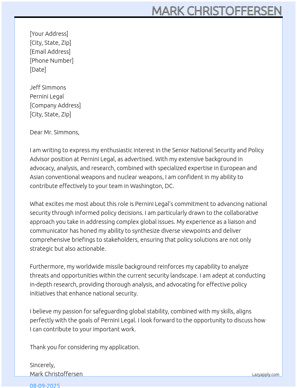 Senior National Security and Policy Advisor At Pernini Legal Cover Letter