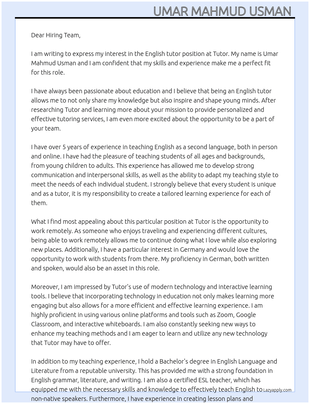 English tutor At Tutor Cover Letter