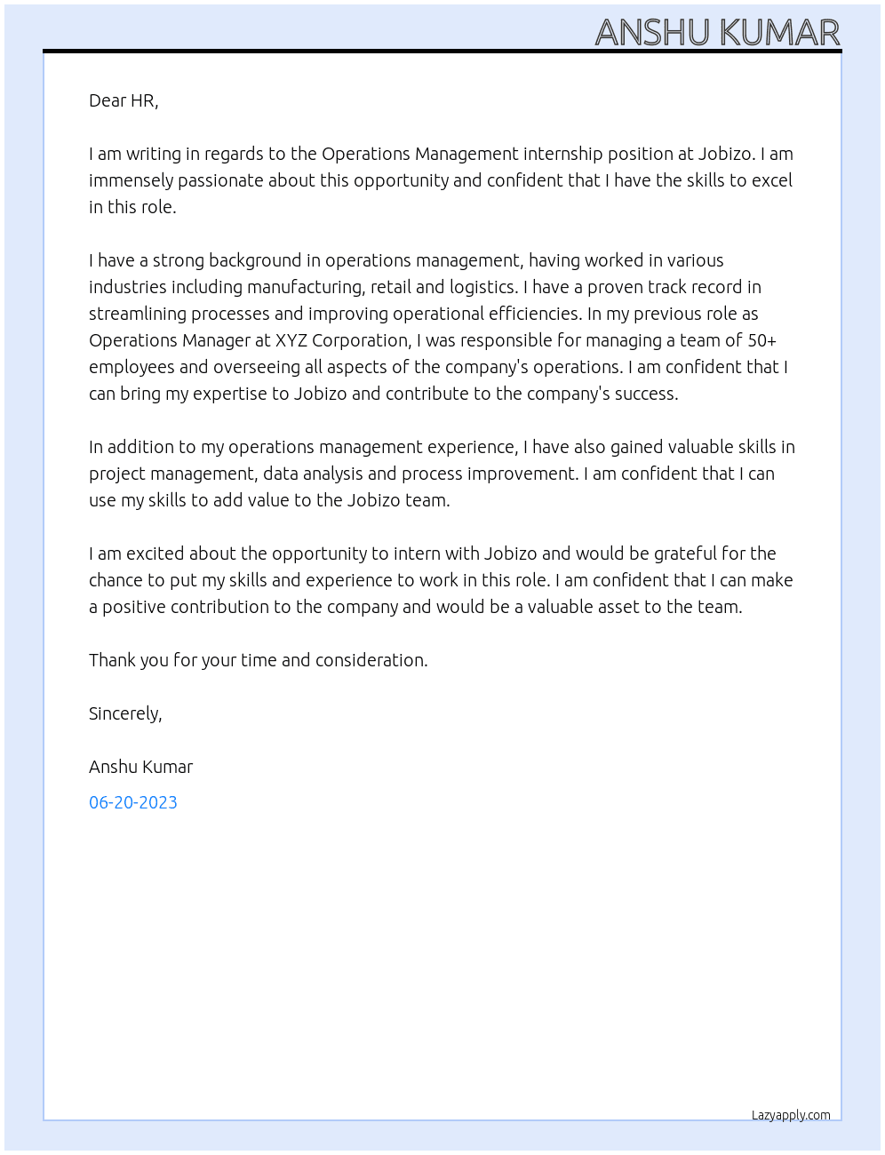 Operations Management internship At Jobizo Cover Letter