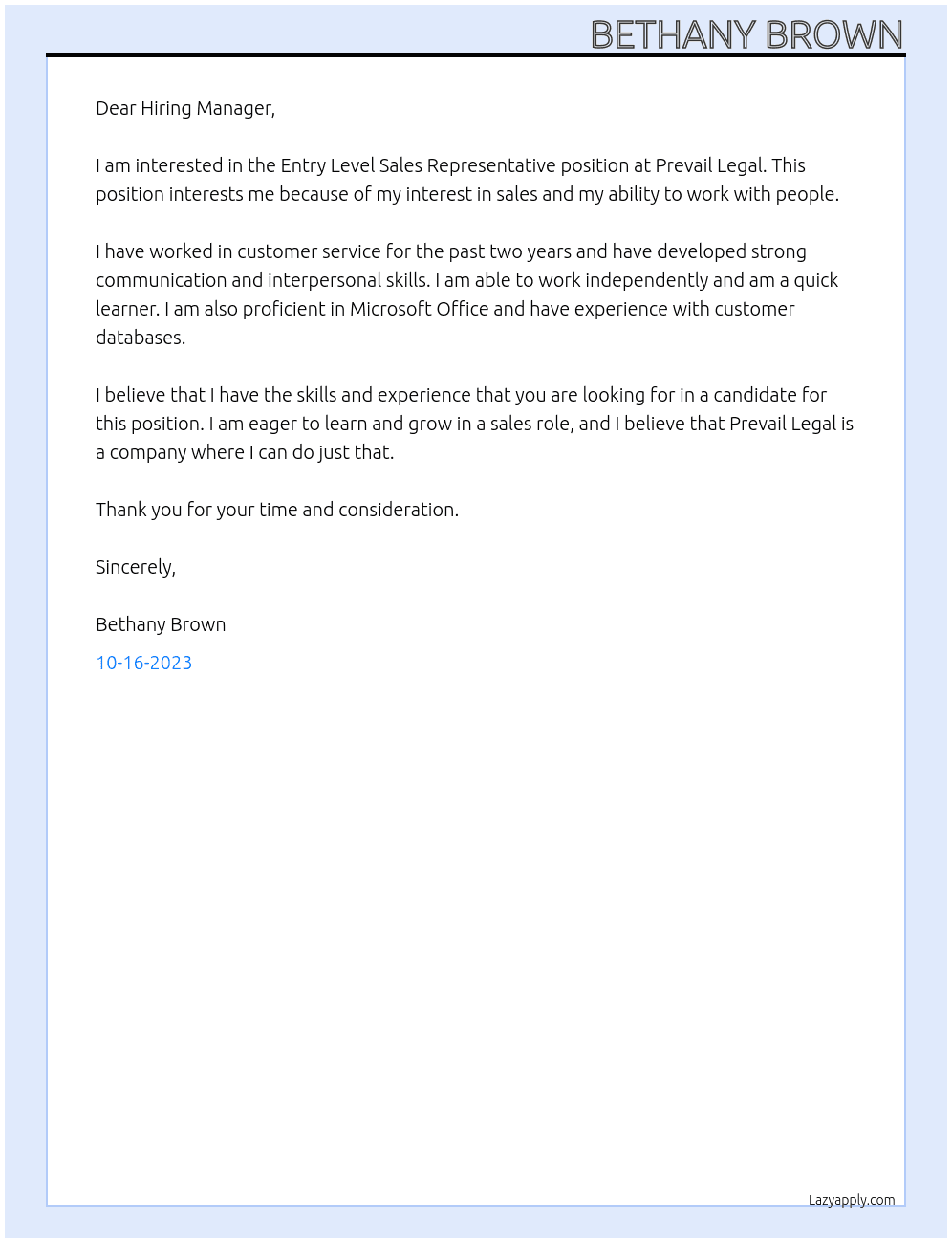 Entry Level Sales Representative At Prevail Legal Cover Letter