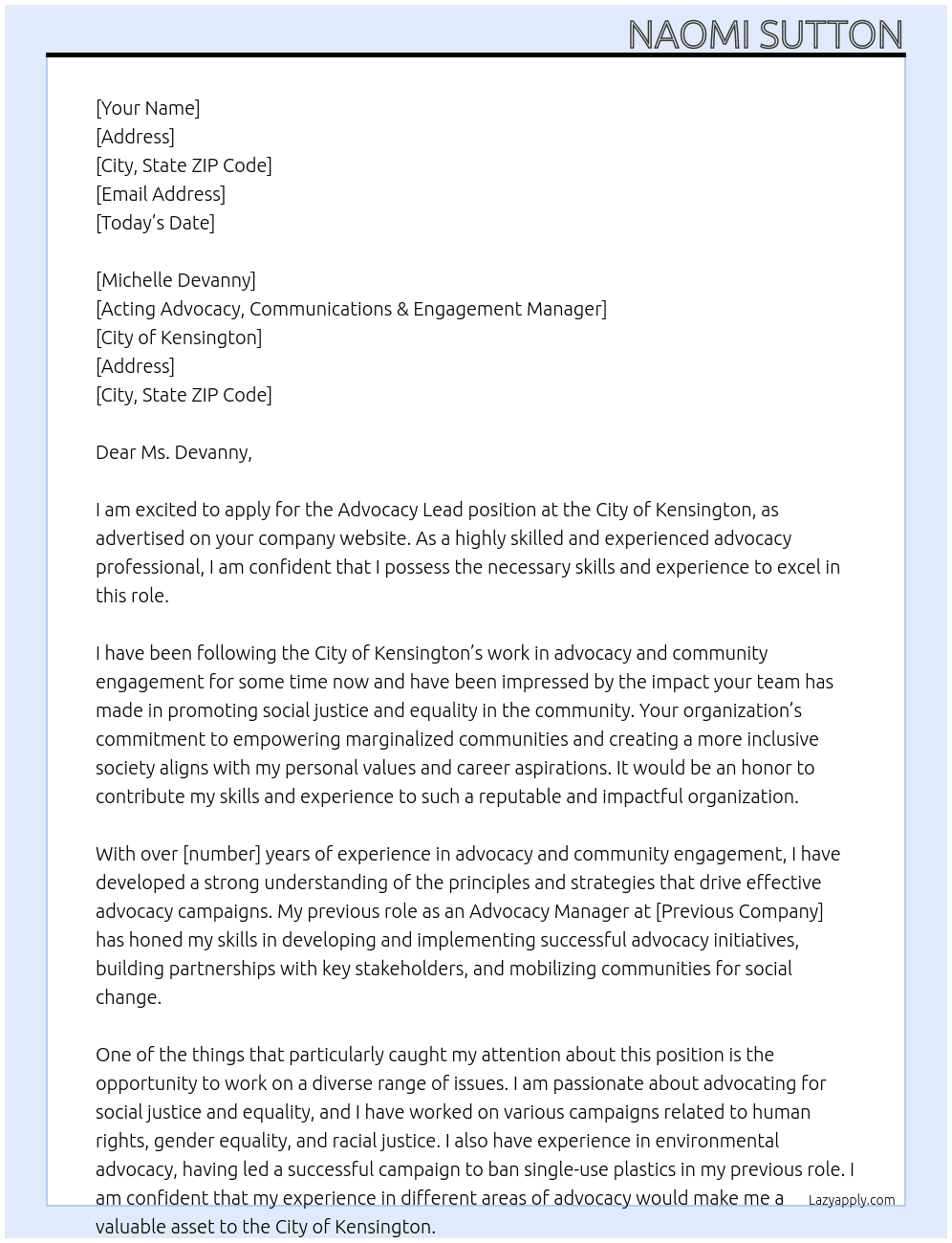 Advocacy Lead At City of Kensington Cover Letter