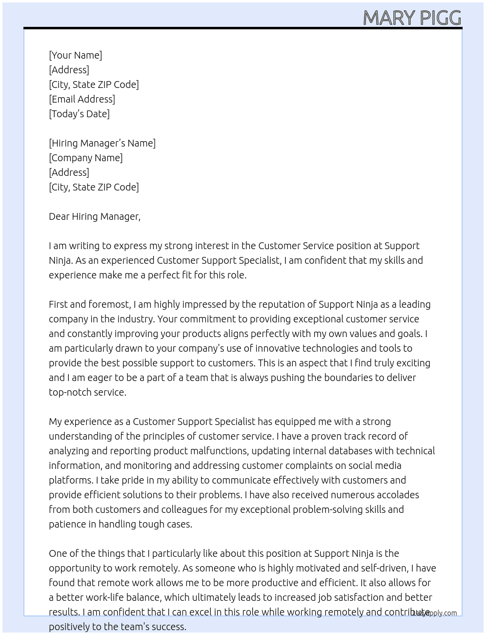 Customer service At Support ninja Cover Letter