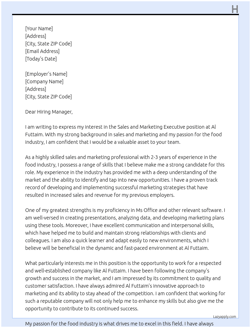 Sales and marketing executive  At Al futtaim Cover Letter