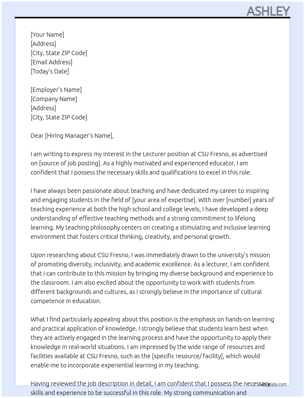 Lecturer At CSU Fresno Cover Letter