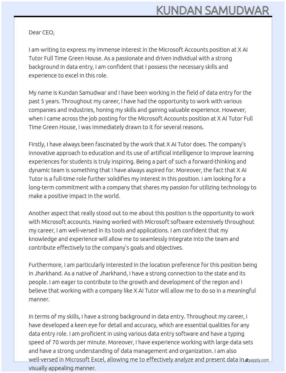 Microsoft accounts  At X ai tutor full time green house Cover Letter