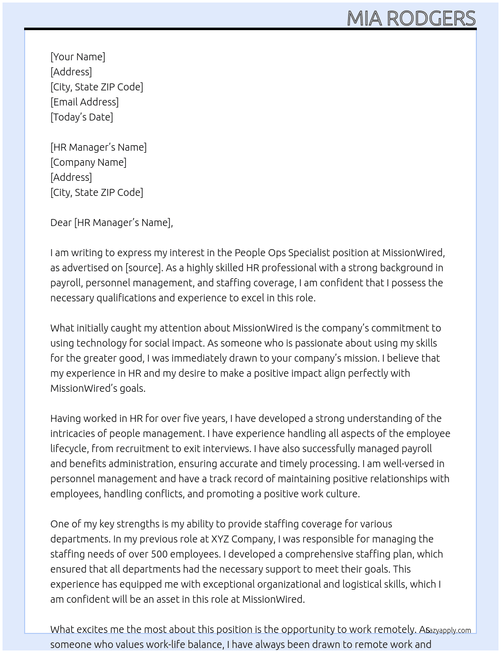 People Ops Specialist At MissionWired Cover Letter