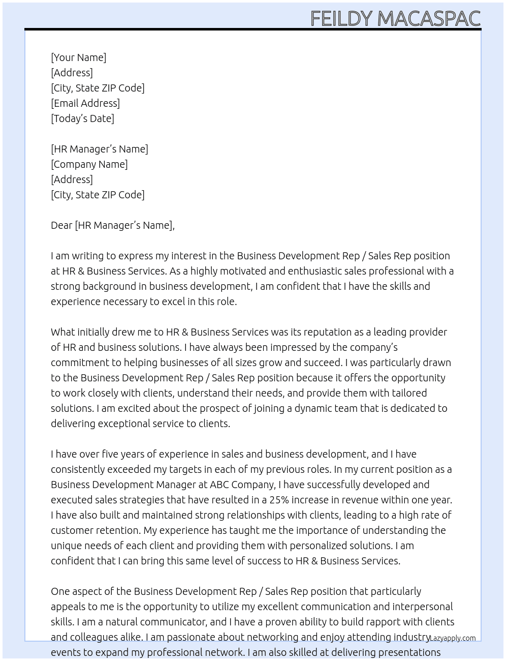 Business Development Rep / Sales Rep At HR & Business Services Cover Letter
