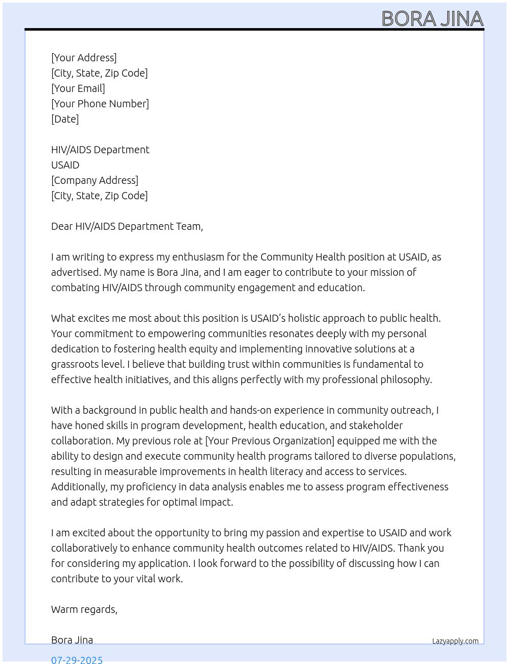 Community health  At USAID Cover Letter