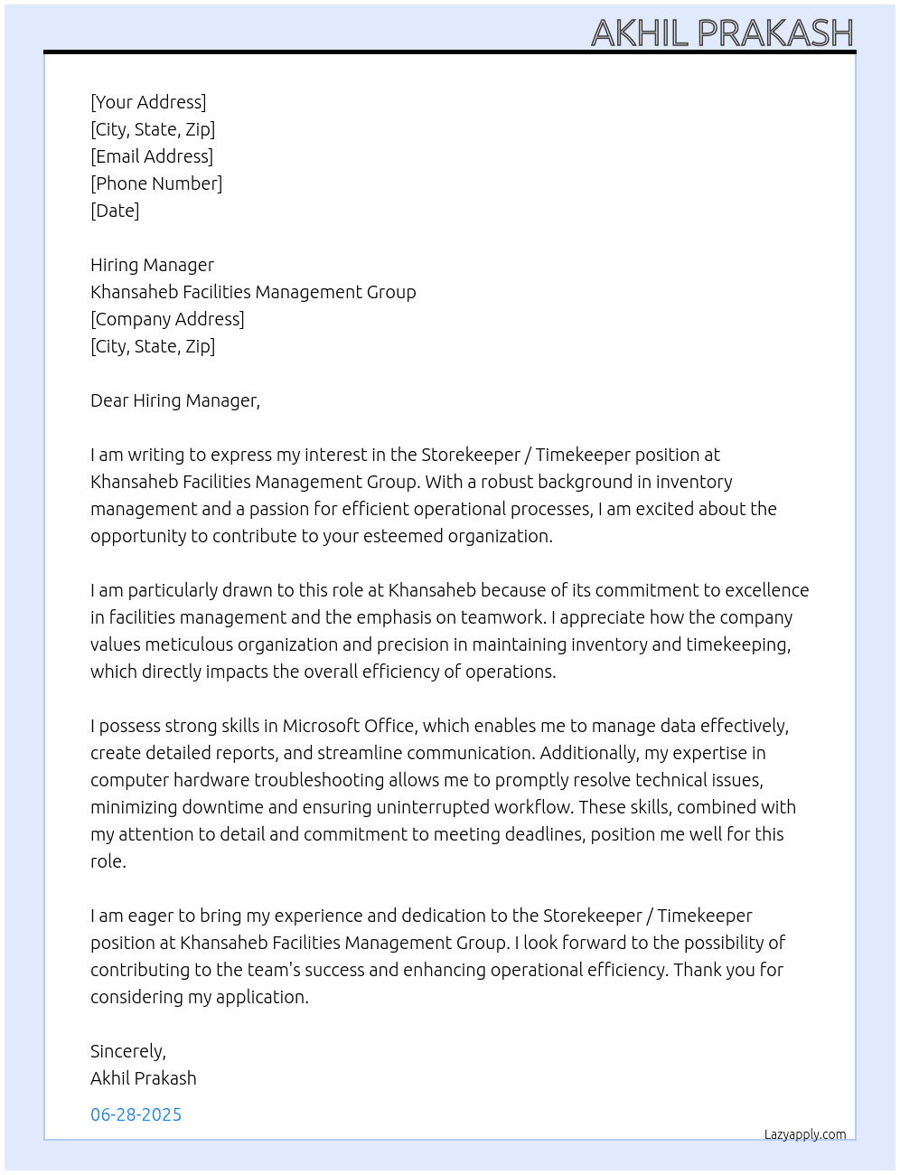 Storekeeper / Timekeeper At Khansaheb Facilities Management Group Cover Letter