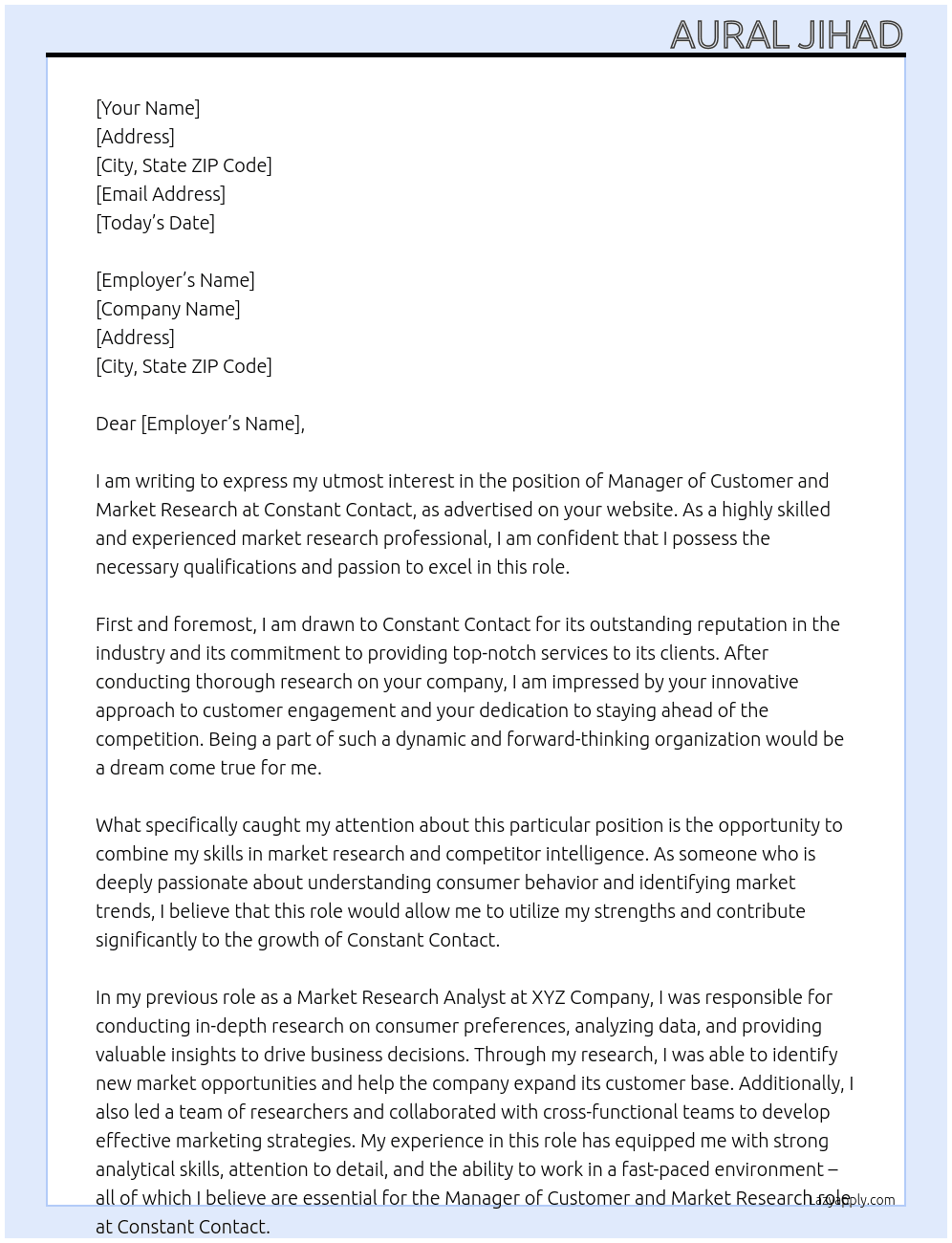 Mananger of Customer and Market Research At Constant Cotnact Cover Letter
