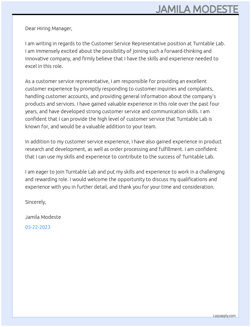 Customer Service Representative At Turntable Lab Cover Letter