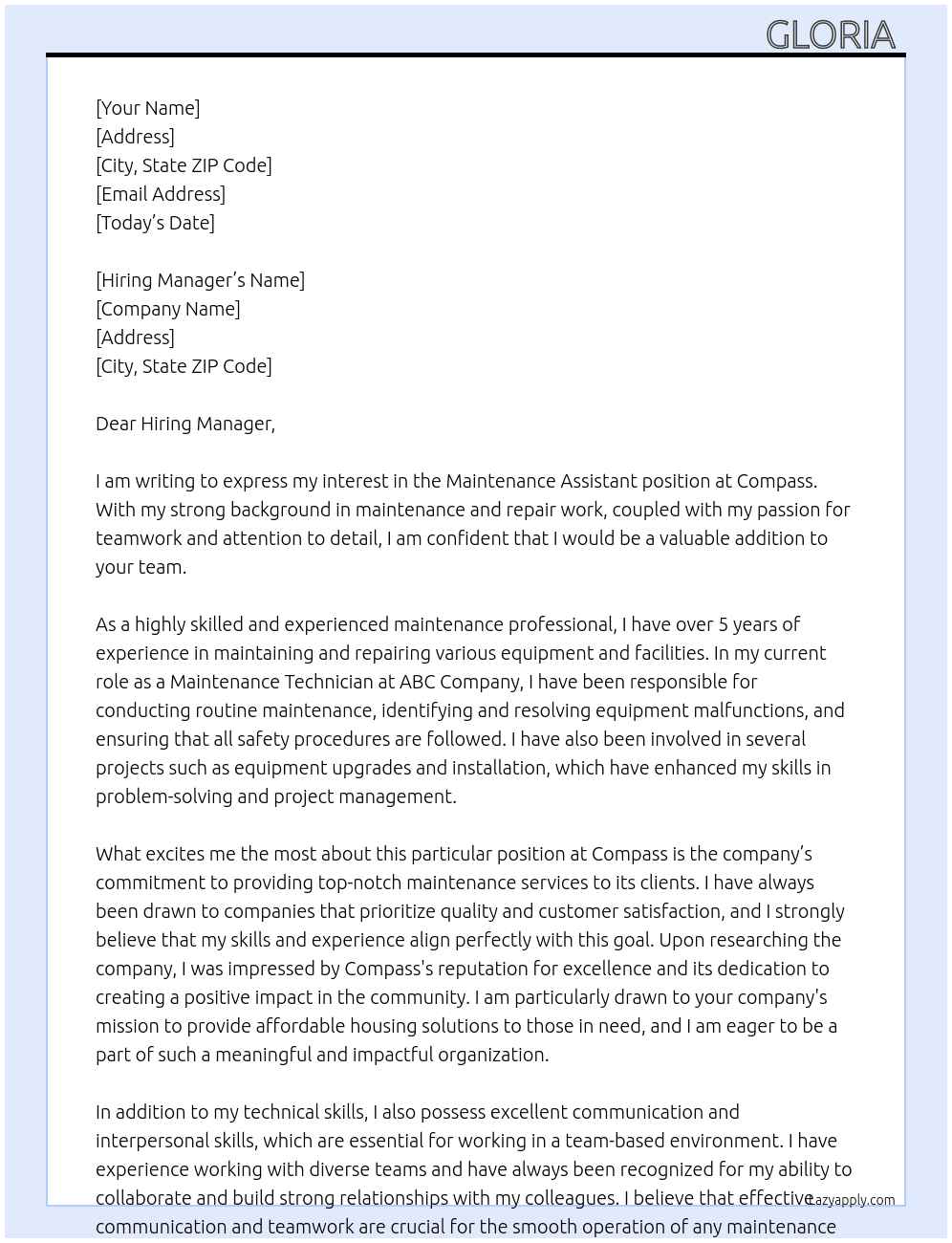 Maintenance assistant  At Compass Cover Letter