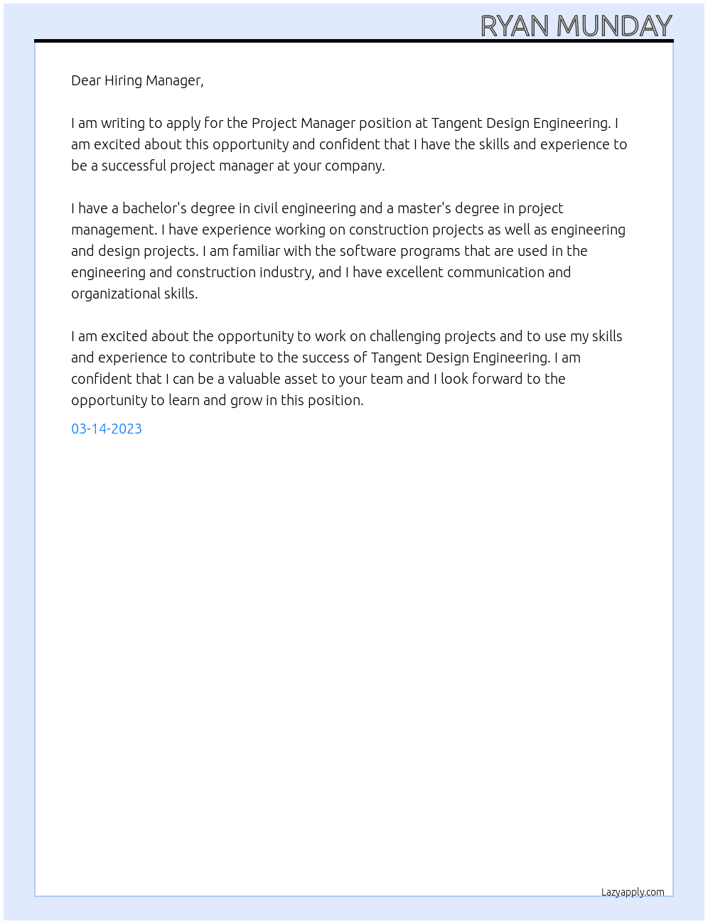 Project Manager At Tangent Design Engineering Cover Letter
