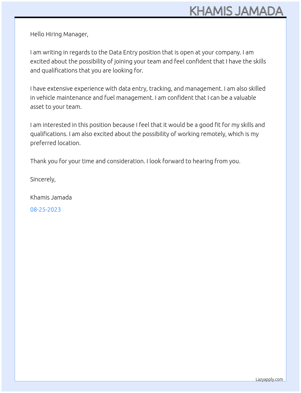 data entry  At free lencer  Cover Letter