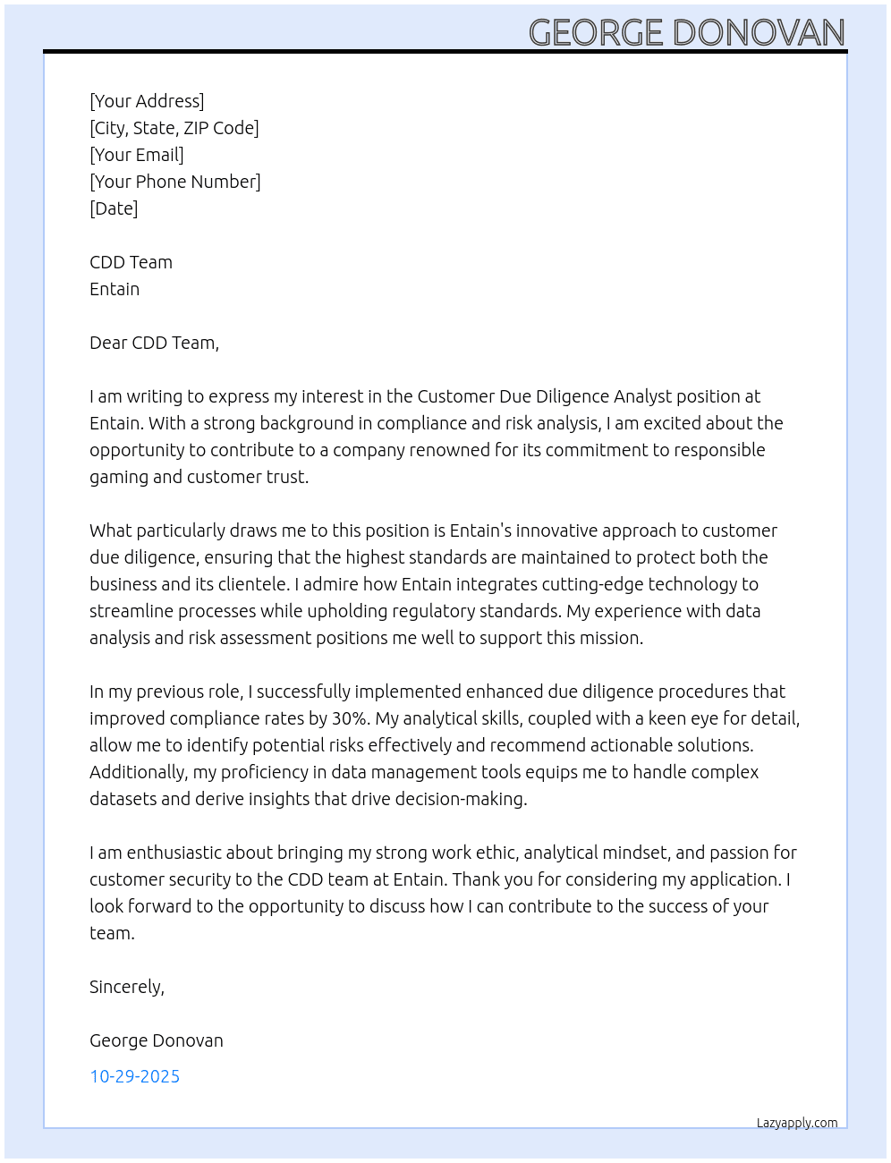 Customer Due Diligence Analyst At Entain Cover Letter