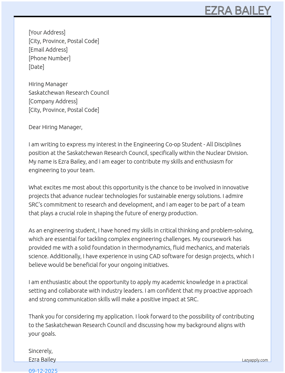 Cover letter for engineering co-op student - all disciplines - LazyApply