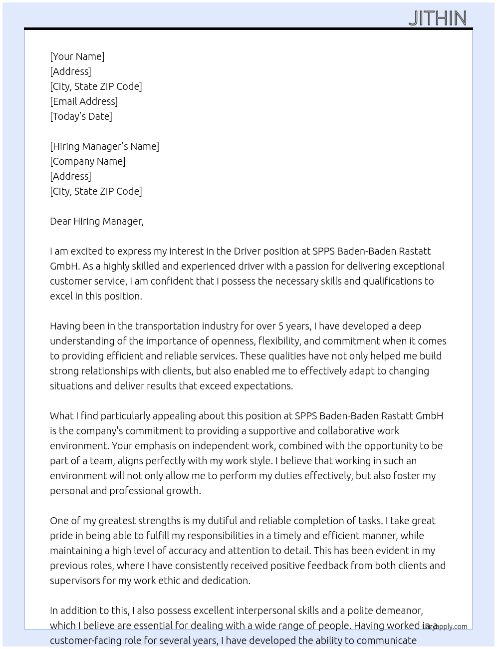 Driver At SPPS Baden-Baden Rastatt GmbH Cover Letter