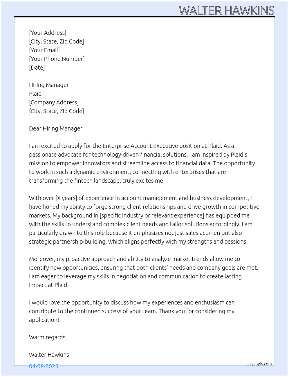 Enterprise Account Executive At Plaid Cover Letter