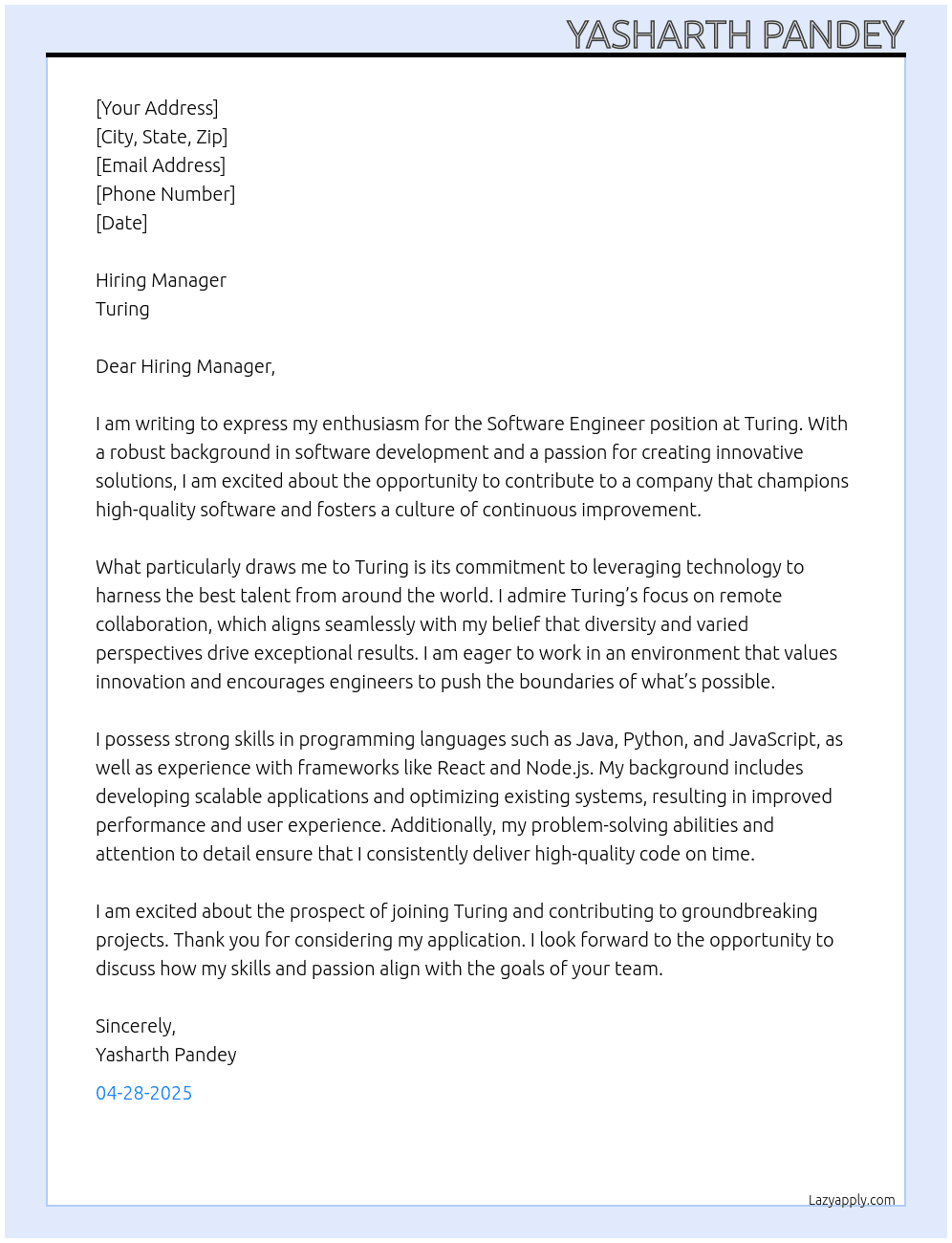 Software Engineer At Turing Cover Letter