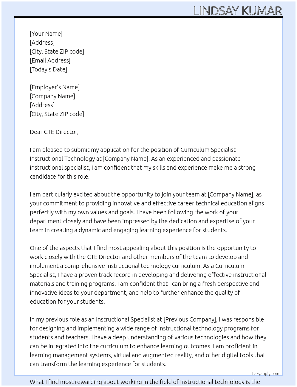 Curriculum Specialist Instructional Technology  At Instructional Specialist - Career Technical Education Department Cover Letter