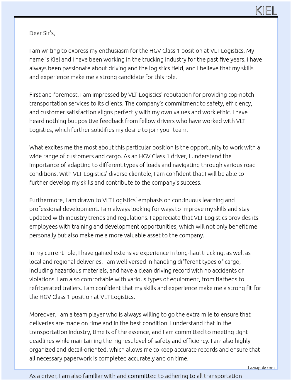 HGV Class 1 At VLT Logistics Cover Letter