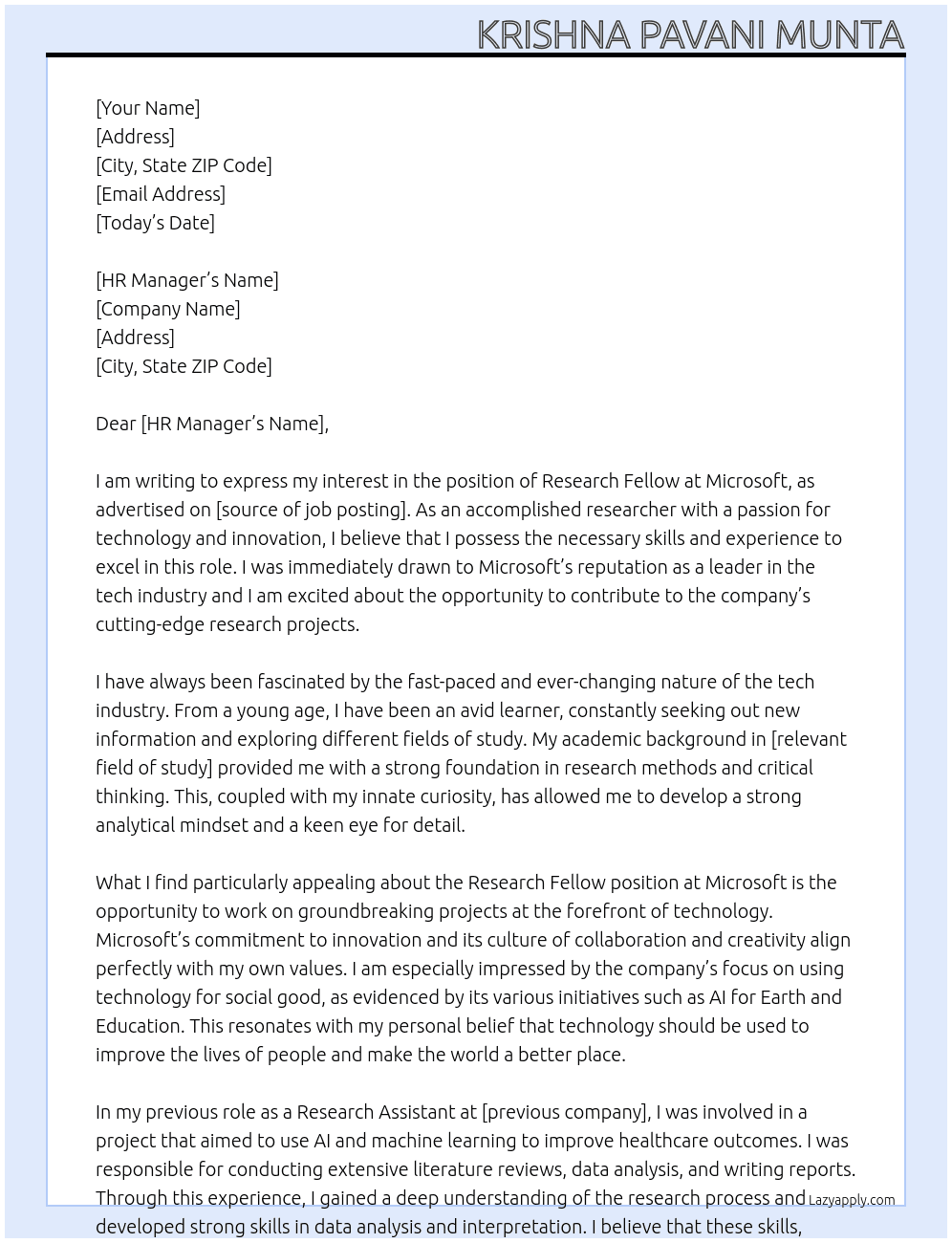 Research Fellow At Microsoft Cover Letter