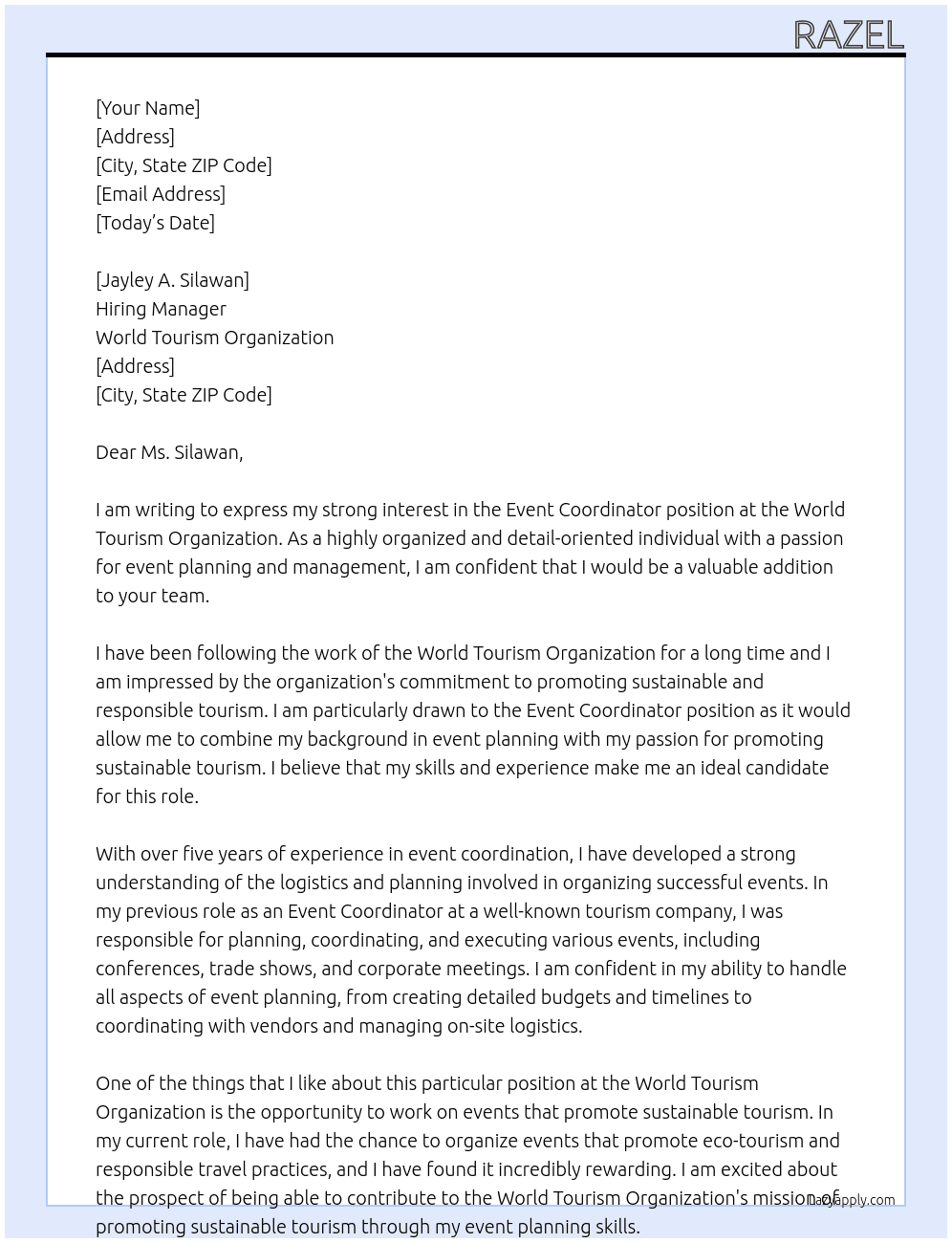 Event Coordinator  At World Tourism Organization Cover Letter