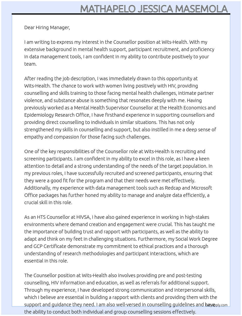 Counsellor At Wits-Health Cover Letter