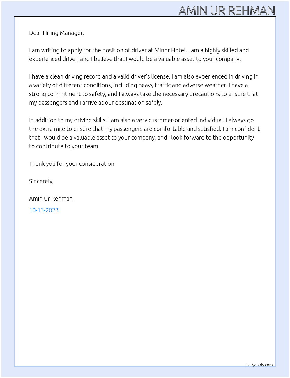 driver At minor hotel Cover Letter