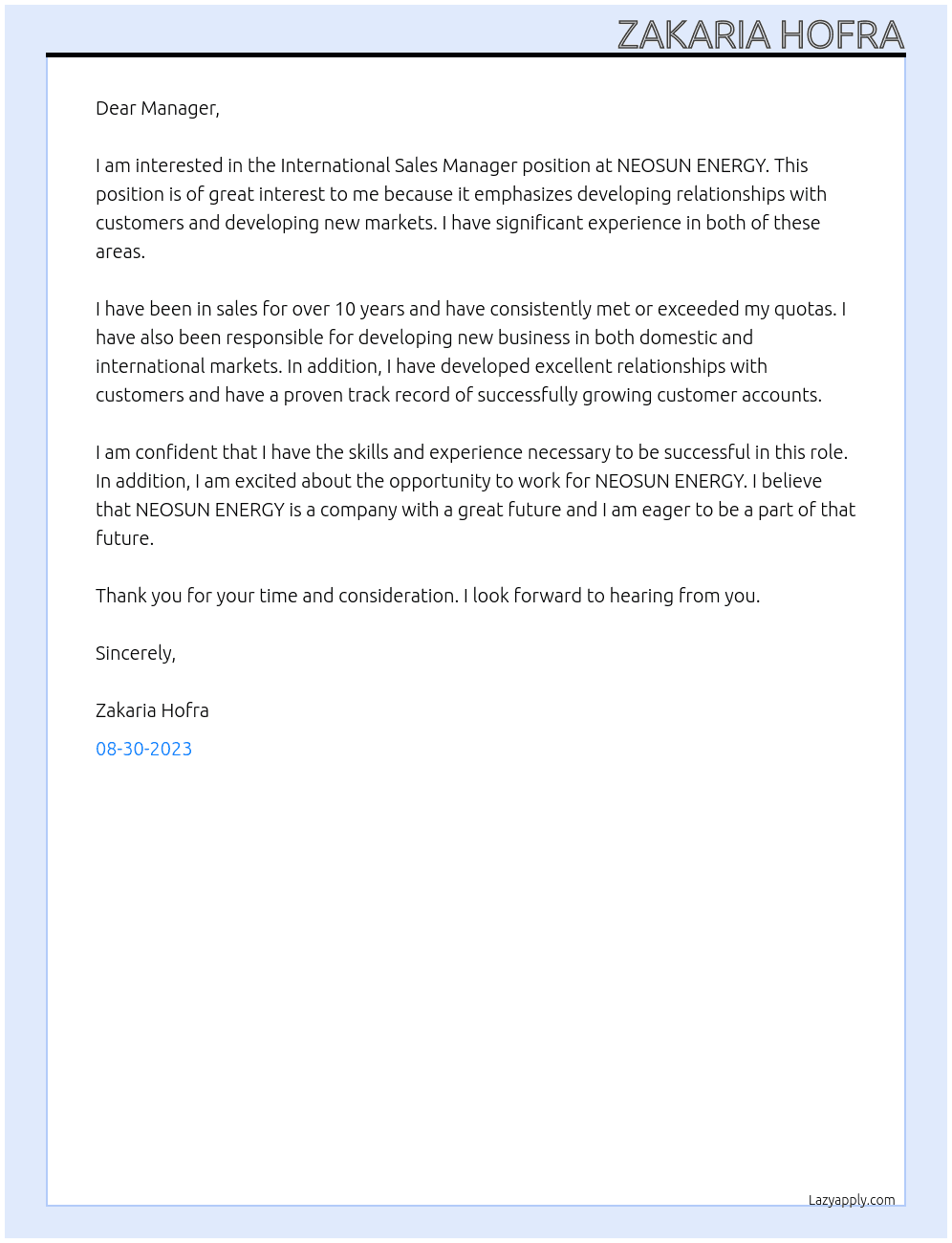 International sales manager  At NEOSUN ENERGY  Cover Letter