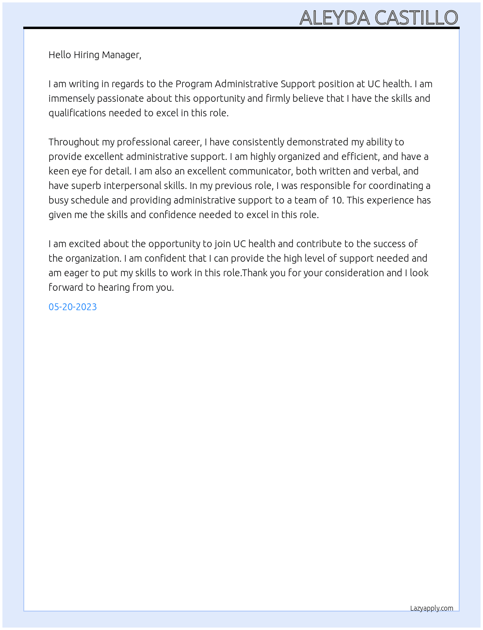 Program Administrative Support At UC health Cover Letter