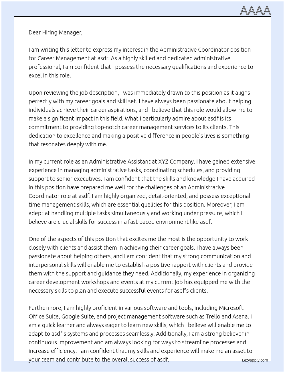 administrative coordinator career management At asdf Cover Letter