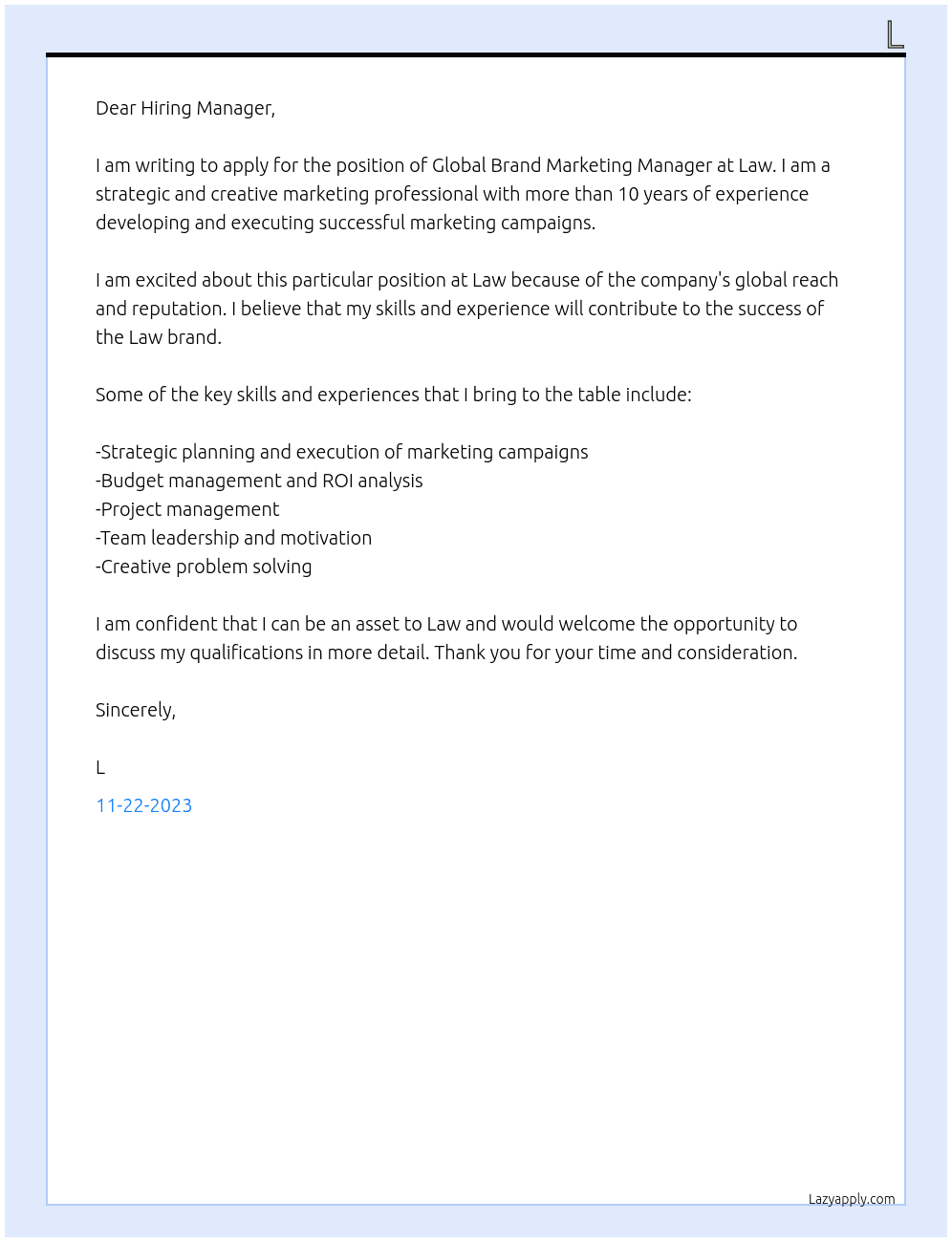 Global Brand Marketing Manager At Law Cover Letter