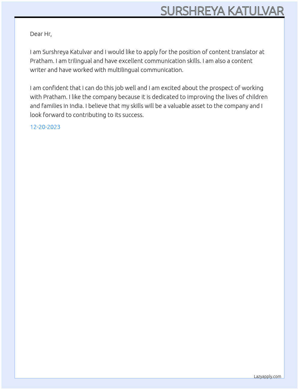 Content translator At Pratham Cover Letter
