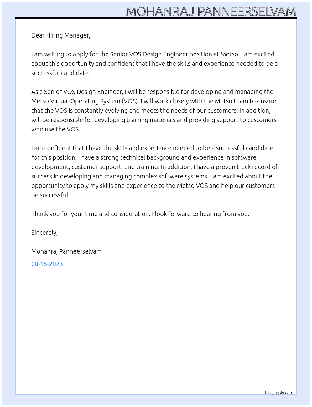 Senior VOS Design Engineer At Metso Cover Letter