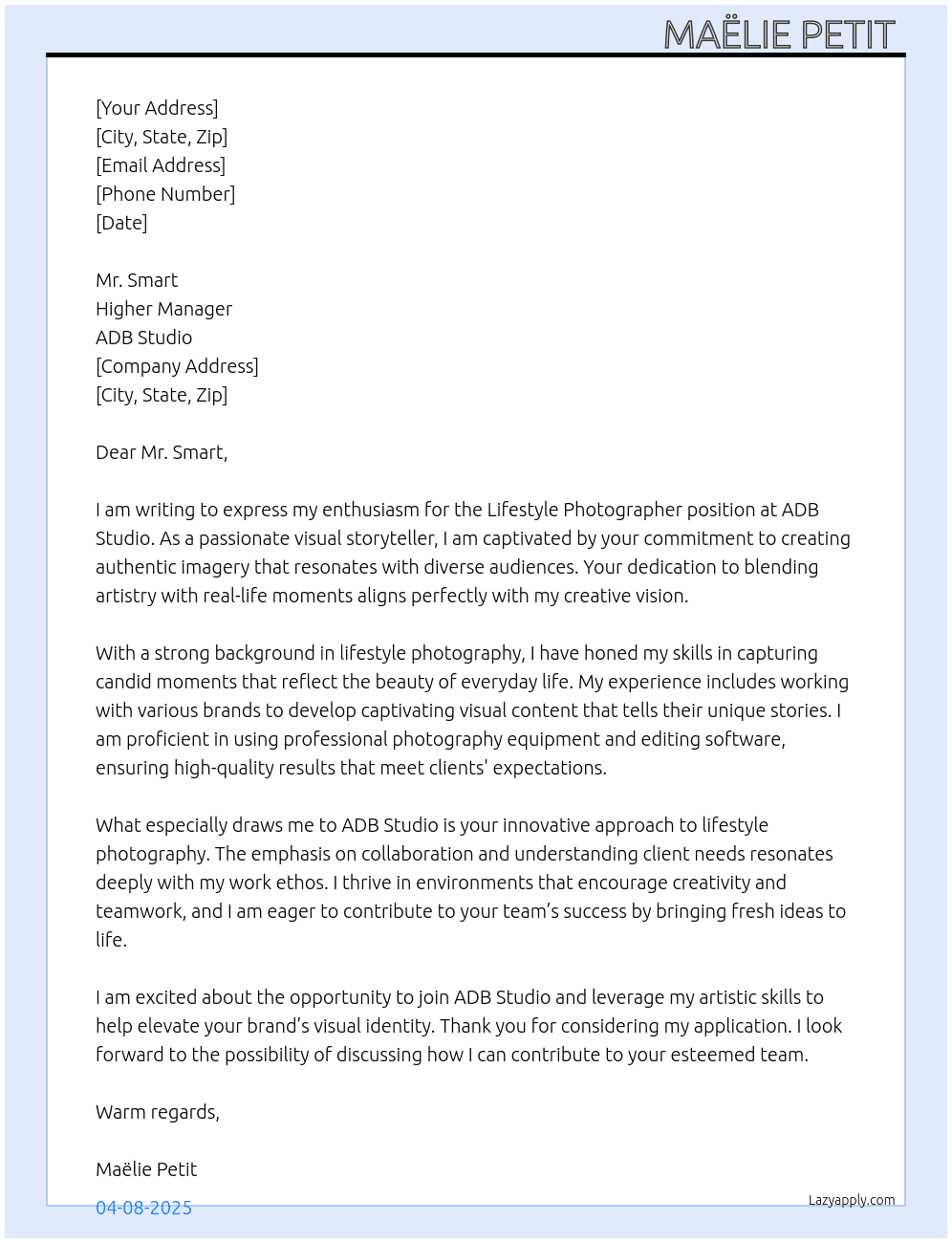 Lifestyle photographer At ADB Studio  Cover Letter